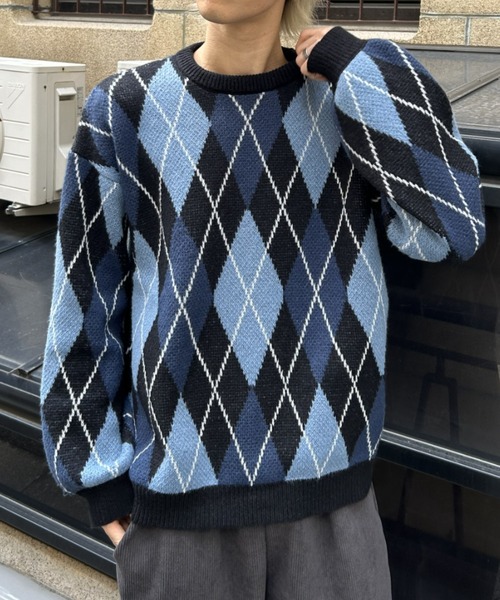 B.R.U(ブル)の「【新色登場】アーガイルチェックニット(ニット/セーター・メンズ・グリーン/ブラック・FREE)」の2枚目の写真