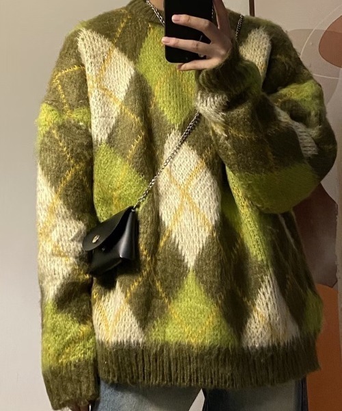 B.R.U(ブル)の「【新色登場】アーガイルチェックニット(ニット/セーター・メンズ・グリーン/ブラック・FREE)」の3枚目の写真