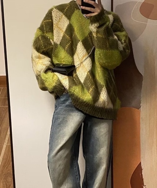 B.R.U(ブル)の「【新色登場】アーガイルチェックニット(ニット/セーター・メンズ・グリーン/ブラック・FREE)」の4枚目の写真