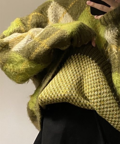 B.R.U(ブル)の「【新色登場】アーガイルチェックニット(ニット/セーター・メンズ・グリーン/ブラック・FREE)」の5枚目の写真