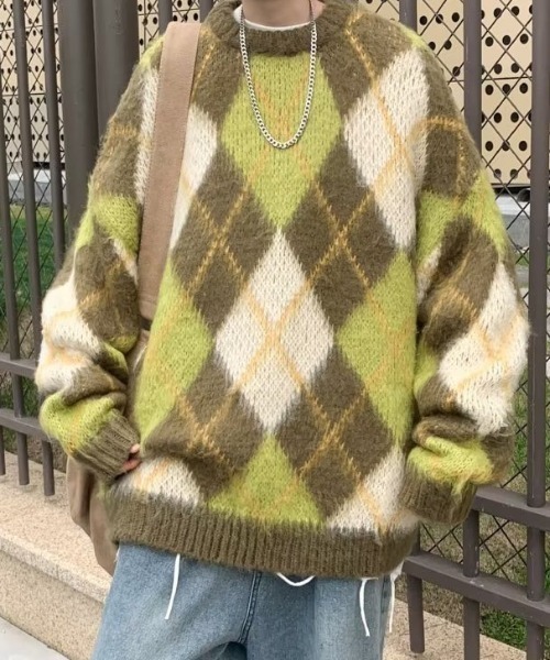 B.R.U(ブル)の「【新色登場】アーガイルチェックニット(ニット/セーター・メンズ・グリーン/ブラック・FREE)」の6枚目の写真