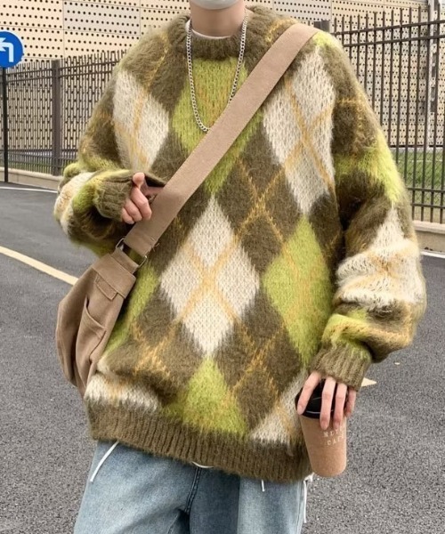 B.R.U(ブル)の「【新色登場】アーガイルチェックニット(ニット/セーター・メンズ・グリーン/ブラック・FREE)」の7枚目の写真