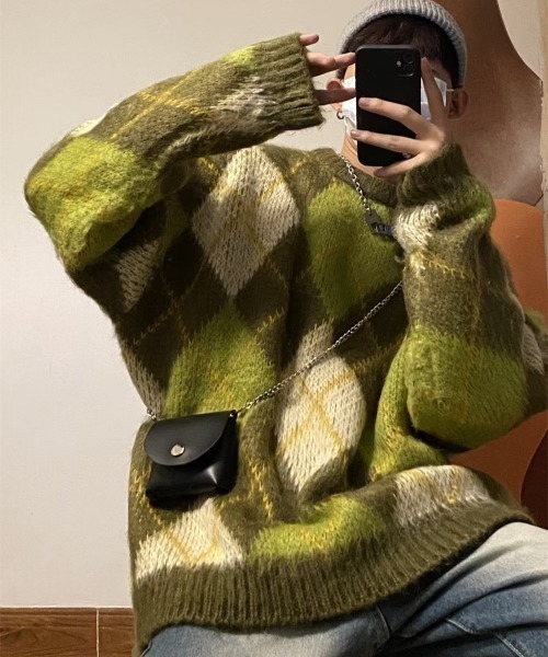 B.R.U(ブル)の「【新色登場】アーガイルチェックニット(ニット/セーター・メンズ・グリーン/ブラック・FREE)」の8枚目の写真