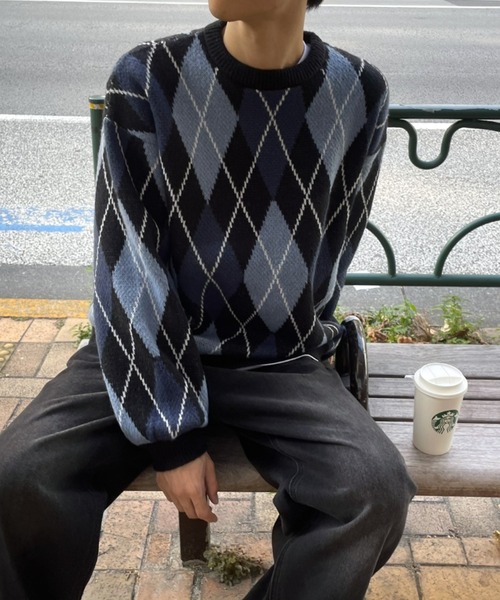 B.R.U(ブル)の「【新色登場】アーガイルチェックニット(ニット/セーター・メンズ・グリーン/ブラック・FREE)」の12枚目の写真