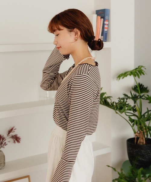 flower（フラワー）の「メローボーダートップ（Tシャツ/カットソー・レディース・ブラウン/ベージュ・FREE）」の4枚目の写真