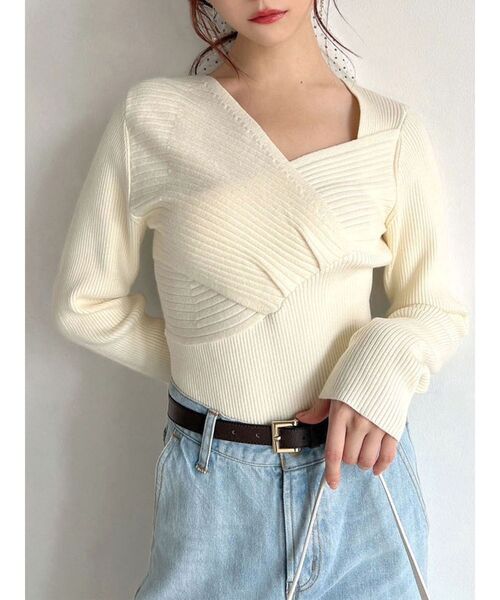 RESEXXY（リゼクシー）の「アシンメトリーリブニット（ニット/セーター・レディース・イエロー/ホワイト/ブラック・FREE）」の2枚目の写真