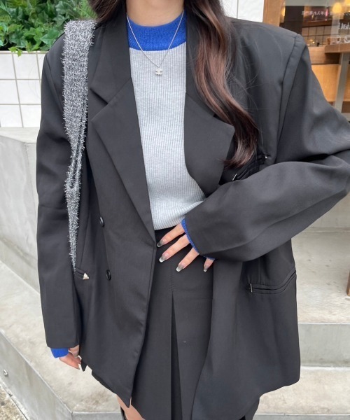 nemne store(ネンネストア)の「【低身長サイズあり】配色リブニット(ニット/セーター・レディース・ブラック/グレー/オフホワイト・MEDIUM/SMALL)」の1枚目の写真