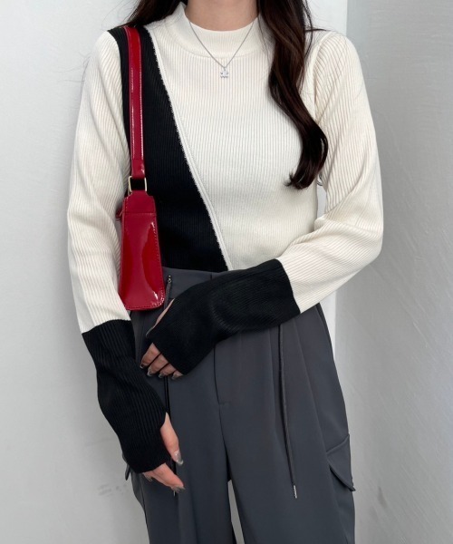 nemne store(ネンネストア)の「【低身長サイズあり】配色リブニット(ニット/セーター・レディース・ブラック/グレー/オフホワイト・MEDIUM/SMALL)」の4枚目の写真