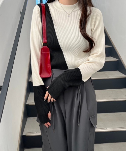 nemne store(ネンネストア)の「【低身長サイズあり】配色リブニット(ニット/セーター・レディース・ブラック/グレー/オフホワイト・MEDIUM/SMALL)」の6枚目の写真