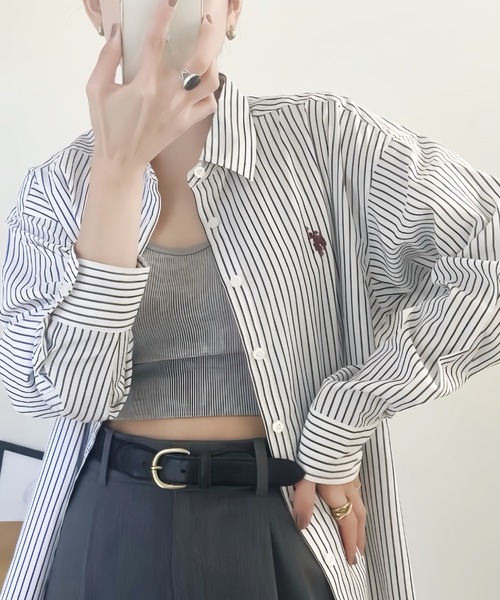 U.S. POLO ASSN.（ユーエスポロアッスン）の「U.S. POLO ASSN./ユーエス ポロ アッスン　レギュラーカラー オーバーサイズ ストライプ シャツ（シャツ/ブラウス・レディース・ネイビー×ホワイト/ベージュ/ホワイト×ブラック/サックスブルー/ピンク・L/M）」の2枚目の写真