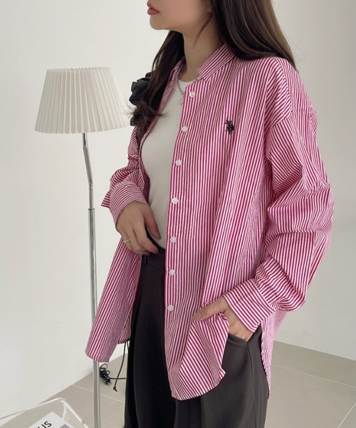 U.S. POLO ASSN.（ユーエスポロアッスン）の「U.S. POLO ASSN./ユーエス ポロ アッスン　レギュラーカラー オーバーサイズ ストライプ シャツ（シャツ/ブラウス・レディース・ネイビー×ホワイト/ベージュ/ホワイト×ブラック/サックスブルー/ピンク・L/M）」の18枚目の写真