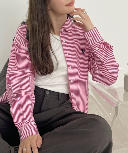 U.S. POLO ASSN.（ユーエスポロアッスン）の「U.S. POLO ASSN./ユーエス ポロ アッスン　レギュラーカラー オーバーサイズ ストライプ シャツ（シャツ/ブラウス・レディース・ネイビー×ホワイト/ベージュ/ホワイト×ブラック/サックスブルー/ピンク・L/M）」の21枚目の写真
