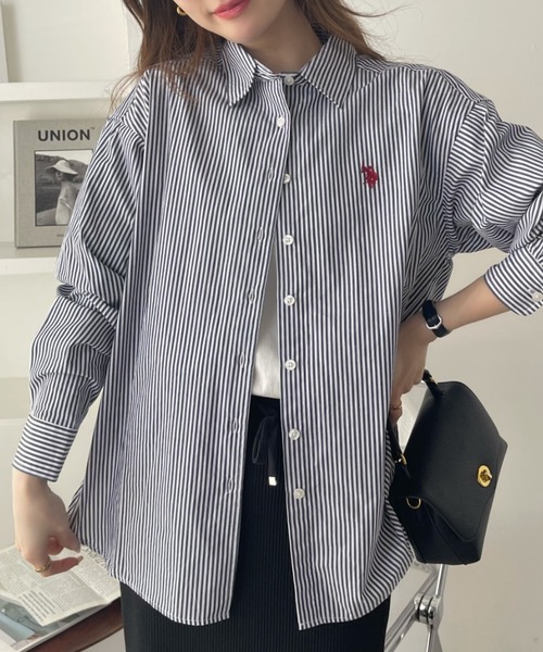 U.S. POLO ASSN.（ユーエスポロアッスン）の「U.S. POLO ASSN./ユーエス ポロ アッスン　レギュラーカラー オーバーサイズ ストライプ シャツ（シャツ/ブラウス・レディース・ネイビー×ホワイト/ベージュ/ホワイト×ブラック/サックスブルー/ピンク・L/M）」の9枚目の写真