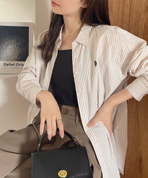 U.S. POLO ASSN.（ユーエスポロアッスン）の「U.S. POLO ASSN./ユーエス ポロ アッスン　レギュラーカラー オーバーサイズ ストライプ シャツ（シャツ/ブラウス・レディース・ネイビー×ホワイト/ベージュ/ホワイト×ブラック/サックスブルー/ピンク・L/M）」の13枚目の写真