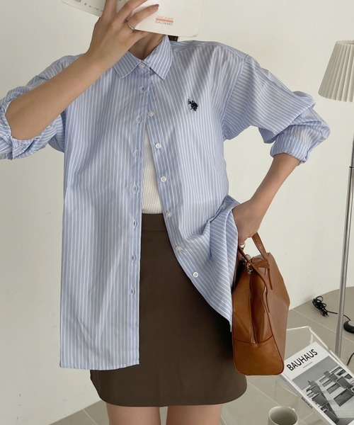 U.S. POLO ASSN.（ユーエスポロアッスン）の「U.S. POLO ASSN./ユーエス ポロ アッスン　レギュラーカラー オーバーサイズ ストライプ シャツ（シャツ/ブラウス・レディース・ネイビー×ホワイト/ベージュ/ホワイト×ブラック/サックスブルー/ピンク・L/M）」の6枚目の写真