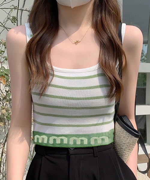 SHEPP(シープ)の「ロゴボーダー スクエアネック クロップド ショートタンクトップ / ニットタンク / ブラ紐隠し(タンクトップ・レディース・ホワイト/ブラック/レッド/グリーン・FREE)」の3枚目の写真