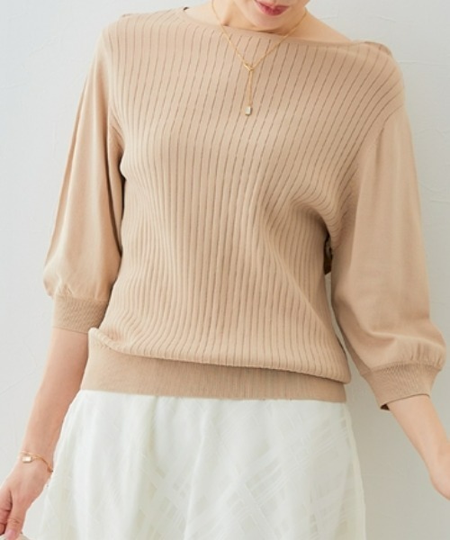 7days Life Styling(セブンデイズライフスタイリング)の「【ひんやり接触冷感】パフ袖ボートネックリブニット(UVカット・毛玉防止)(ニット/セーター・レディース・ラベンダー/グリーン/オフホワイト/ブラック/ブルーグレー/杢グレー/ベージュ・M/S/L/LL)」の5枚目の写真