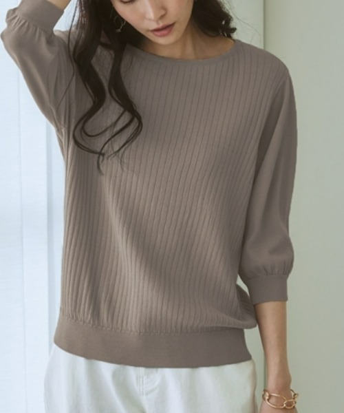 7days Life Styling(セブンデイズライフスタイリング)の「【接触冷感/UVカット/毛玉防止】パフ袖ボートネックリブニット(ニット/セーター・レディース・ラベンダー/グリーン/オフホワイト/ブラック/ブルーグレー/杢グレー/ベージュ/グレイッシュベージュ・M/S/L/LL)」の6枚目の写真