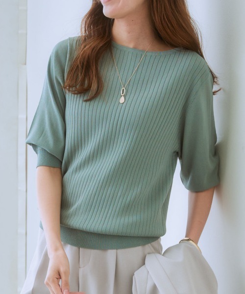 7days Life Styling（セブンデイズライフスタイリング）の「【ひんやり接触冷感】パフ袖ボートネックリブニット（ＵＶカット・毛玉防止）（ニット/セーター・レディース・ラベンダー/グリーン/オフホワイト/ブラック/ブルーグレー/杢グレー/ベージュ・M/S/L/LL）」の6枚目の写真