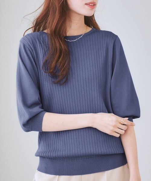 7days Life Styling(セブンデイズライフスタイリング)の「【ひんやり接触冷感】パフ袖ボートネックリブニット(UVカット・毛玉防止)(ニット/セーター・レディース・ラベンダー/グリーン/オフホワイト/ブラック/ブルーグレー/杢グレー/ベージュ・M/S/L/LL)」の1枚目の写真