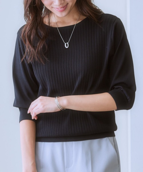 7days Life Styling(セブンデイズライフスタイリング)の「【ひんやり接触冷感】パフ袖ボートネックリブニット(UVカット・毛玉防止)(ニット/セーター・レディース・ラベンダー/グリーン/オフホワイト/ブラック/ブルーグレー/杢グレー/ベージュ・M/S/L/LL)」の3枚目の写真