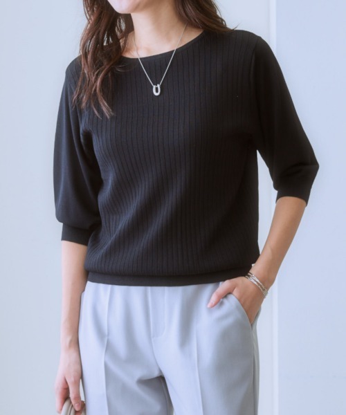 7days Life Styling(セブンデイズライフスタイリング)の「【ひんやり接触冷感】パフ袖ボートネックリブニット(UVカット・毛玉防止)(ニット/セーター・レディース・ラベンダー/グリーン/オフホワイト/ブラック/ブルーグレー/杢グレー/ベージュ・M/S/L/LL)」の19枚目の写真