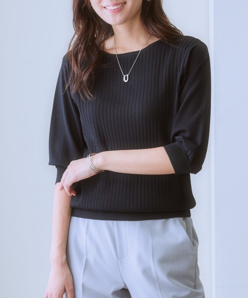 7days Life Styling(セブンデイズライフスタイリング)の「【ひんやり接触冷感】パフ袖ボートネックリブニット(UVカット・毛玉防止)(ニット/セーター・レディース・ラベンダー/グリーン/オフホワイト/ブラック/ブルーグレー/杢グレー/ベージュ・M/S/L/LL)」の21枚目の写真