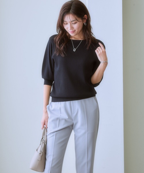 7days Life Styling(セブンデイズライフスタイリング)の「【ひんやり接触冷感】パフ袖ボートネックリブニット(UVカット・毛玉防止)(ニット/セーター・レディース・ラベンダー/グリーン/オフホワイト/ブラック/ブルーグレー/杢グレー/ベージュ・M/S/L/LL)」の22枚目の写真