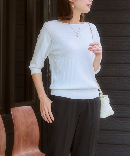 7days Life Styling(セブンデイズライフスタイリング)の「【ひんやり接触冷感】パフ袖ボートネックリブニット(UVカット・毛玉防止)(ニット/セーター・レディース・ラベンダー/グリーン/オフホワイト/ブラック/ブルーグレー/杢グレー/ベージュ・M/S/L/LL)」の12枚目の写真