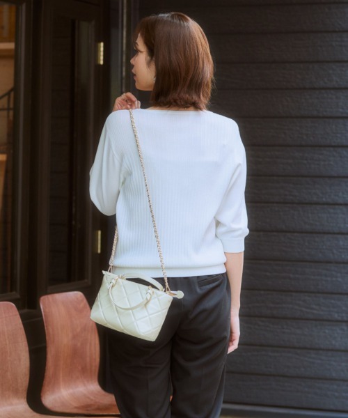 7days Life Styling(セブンデイズライフスタイリング)の「【ひんやり接触冷感】パフ袖ボートネックリブニット(UVカット・毛玉防止)(ニット/セーター・レディース・ラベンダー/グリーン/オフホワイト/ブラック/ブルーグレー/杢グレー/ベージュ・M/S/L/LL)」の13枚目の写真