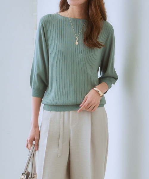 7days Life Styling(セブンデイズライフスタイリング)の「【ひんやり接触冷感】パフ袖ボートネックリブニット(UVカット・毛玉防止)(ニット/セーター・レディース・ラベンダー/グリーン/オフホワイト/ブラック/ブルーグレー/杢グレー/ベージュ・M/S/L/LL)」の8枚目の写真