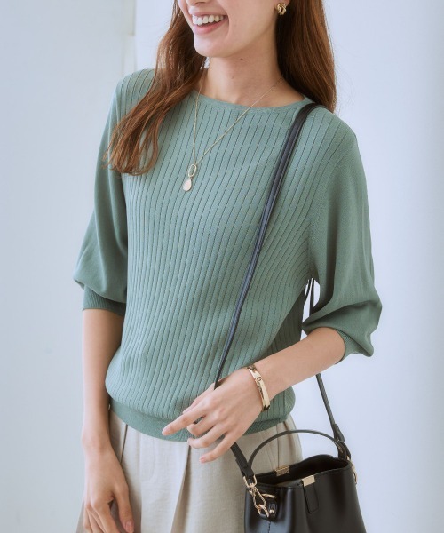 7days Life Styling(セブンデイズライフスタイリング)の「【ひんやり接触冷感】パフ袖ボートネックリブニット(UVカット・毛玉防止)(ニット/セーター・レディース・ラベンダー/グリーン/オフホワイト/ブラック/ブルーグレー/杢グレー/ベージュ・M/S/L/LL)」の9枚目の写真