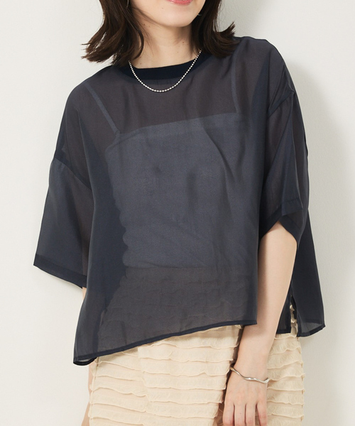 abahouse mavie(アバハウスマヴィ)の「【シアートップス】シアー半袖Tシャツ/春服/夏服(シャツ/ブラウス・レディース・ホワイト/ブラック/ライム/モカ/ピンクベージュ/チョコ/ネイビー・フリー)」の6枚目の写真