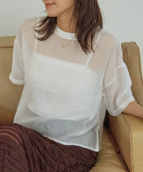 abahouse mavie(アバハウスマヴィ)の「【シアートップス】シアー半袖Tシャツ/春服/夏服(シャツ/ブラウス・レディース・ホワイト/ブラック/ライム/モカ/ピンクベージュ/チョコ/ネイビー・フリー)」の2枚目の写真