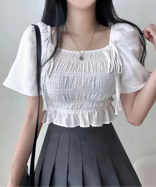 Twinkle;pm（トゥインクルピーエム）の「スクエアネックシャーリングブラウス（シャツ/ブラウス・レディース・ホワイト/ブラック・FREE）」の2枚目の写真