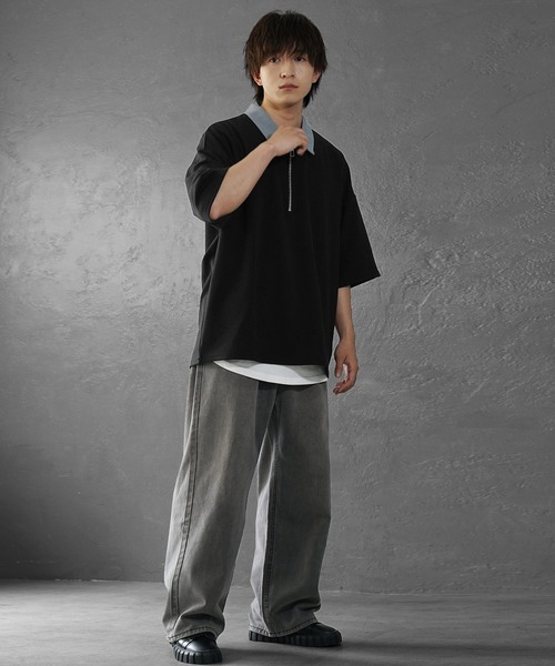 MinoriTY】梨地素材ハーフジップポロシャツ 配色トップス メンズ