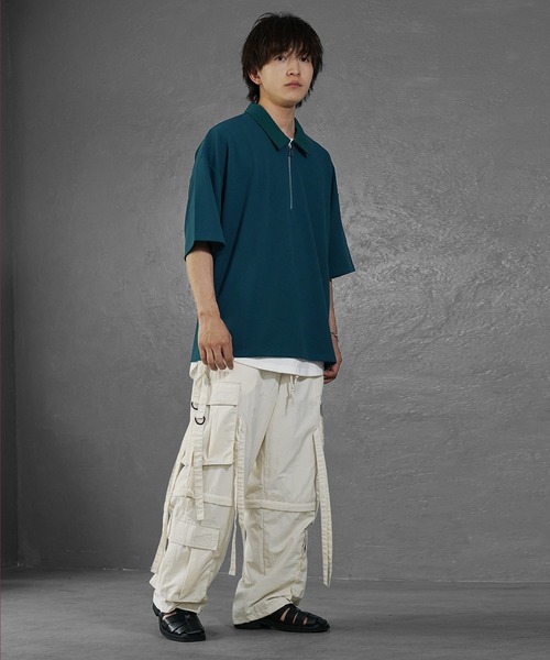 MinoriTY】梨地素材ハーフジップポロシャツ 配色トップス メンズ