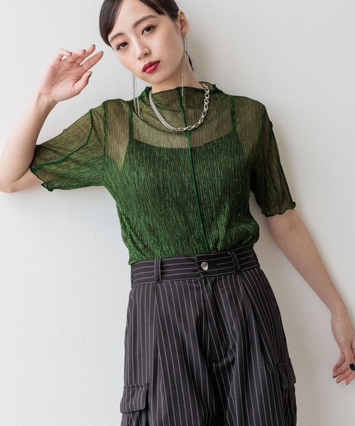 HARE（ハレ）の「ラメシアーモックネックトップス(HARE)（Tシャツ/カットソー・レディース・ブルー/ブラック/グリーン/ライトグレー/オレンジ/レッド・FREE）」の4枚目の写真