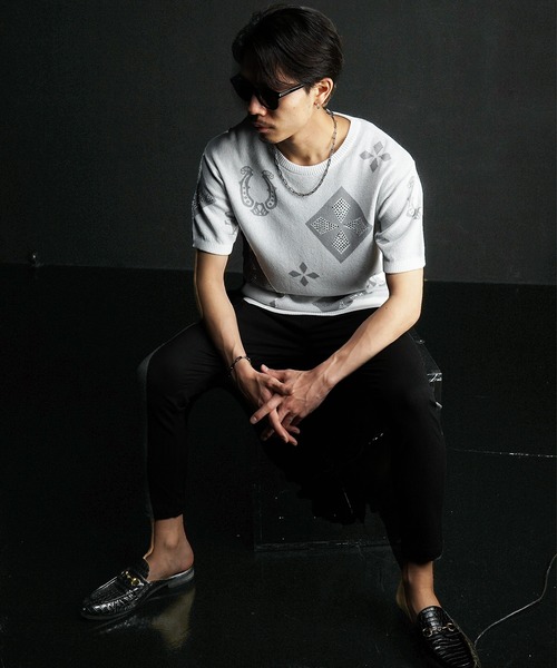 SOMEDIFF（サムディフ）の「【SOMEDIFF】ラインストーンサマーニット メンズ（ニット/セーター・メンズ・ブラック/ホワイト・M/L/XL）」の7枚目の写真