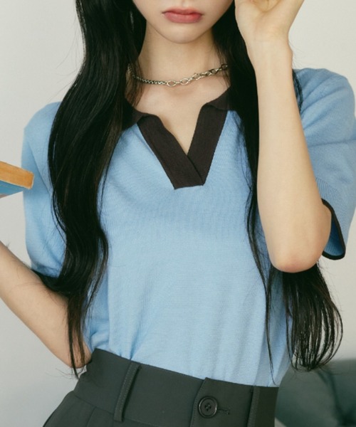 MIEL CRISHUNANT（ミエルクリシュナ）の「襟アソートニットポロシャツ（ニット/セーター・レディース・ブラック/ライトブルー・FREE）」の2枚目の写真