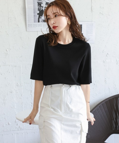 SUGAR BISKET(シュガービスケット)の「五分袖サマーニット(ニット/セーター・レディース・ベージュ/オフホワイト/ピンク/ブラック・フリー)」の2枚目の写真