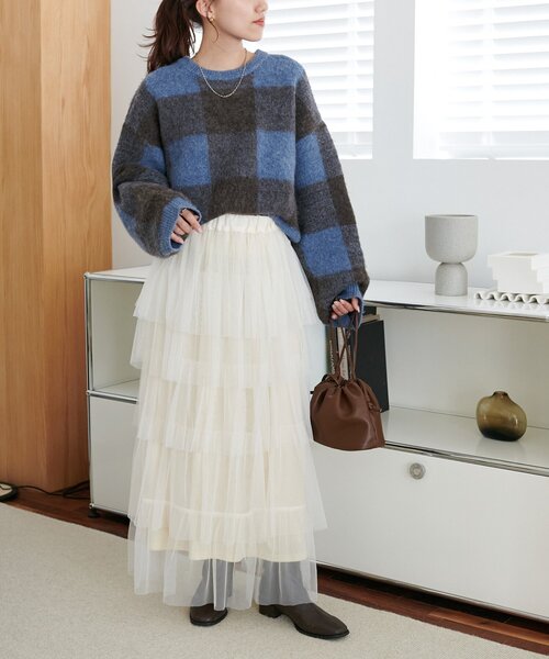 DISCOAT（ディスコート）の「【WEB限定】前後2WAYチェックプルオーバー（ニット/セーター・レディース・ブルー/グレー/ブラウン・FREE）」の5枚目の写真