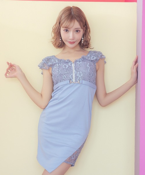 XS〜Lサイズ]ドットフラワーレースフリル袖マーメイドミニドレス