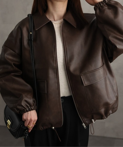 セール】新色追加【選べる2タイプ】フェイクレザーブルゾン/裾