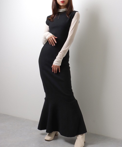 Lace Ladies(レースレディース)の「【2点セット】 トップス付き ノースリーブ マーメイド ロング ニット ワンピース(ワンピース・レディース・ブラック/ベージュ/ブラウン・FREE/S)」の2枚目の写真