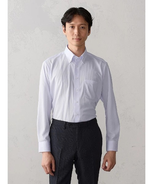 Perfect Suit FActory(パーフェクトスーツファクトリー)の「【完全ノーアイロン】長袖アイシャツ 織柄 ボタンダウン ホワイト/サックス WEB限定(サックス)(ビジネスシャツ・メンズ・ホワイト/サックスブルー・首回り37cm-裄丈80cm/首回り39cm-裄丈80cm/首回り39cm-裄丈82cm/首回り41cm-裄丈82cm/首回り41cm-裄丈84cm/首回り43cm-裄丈86cm/首回り45cm-裄丈86cm)」の8枚目の写真