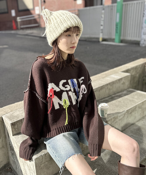 ニット セーター コンパクト配色ロゴニット レディース miette ニット セーター マルチ配色フィンガーリブニット