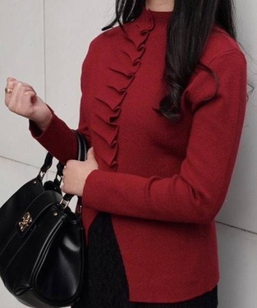 mellowneon（メロウネオン）の「フリルボタンプチハイネックニット（Tシャツ/カットソー・レディース・ブラック/ホワイト/ベージュ/レッド/グレー・FREE）」の5枚目の写真