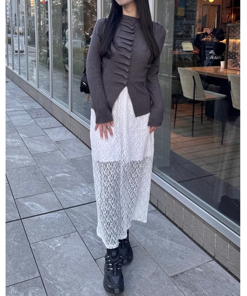 mellowneon（メロウネオン）の「フリルボタンプチハイネックニット（Tシャツ/カットソー・レディース・ブラック/ホワイト/ベージュ/レッド/グレー・FREE）」の15枚目の写真