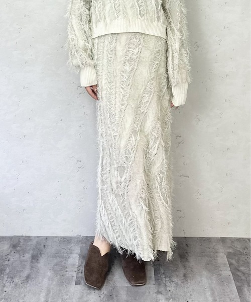 Per sist ence(パーシエンス)の「麻タッチフリンジニットストレートスカート/春ニット(スカート・レディース・ブラック/アイボリー/ベージュ系・FREE)」の5枚目の写真